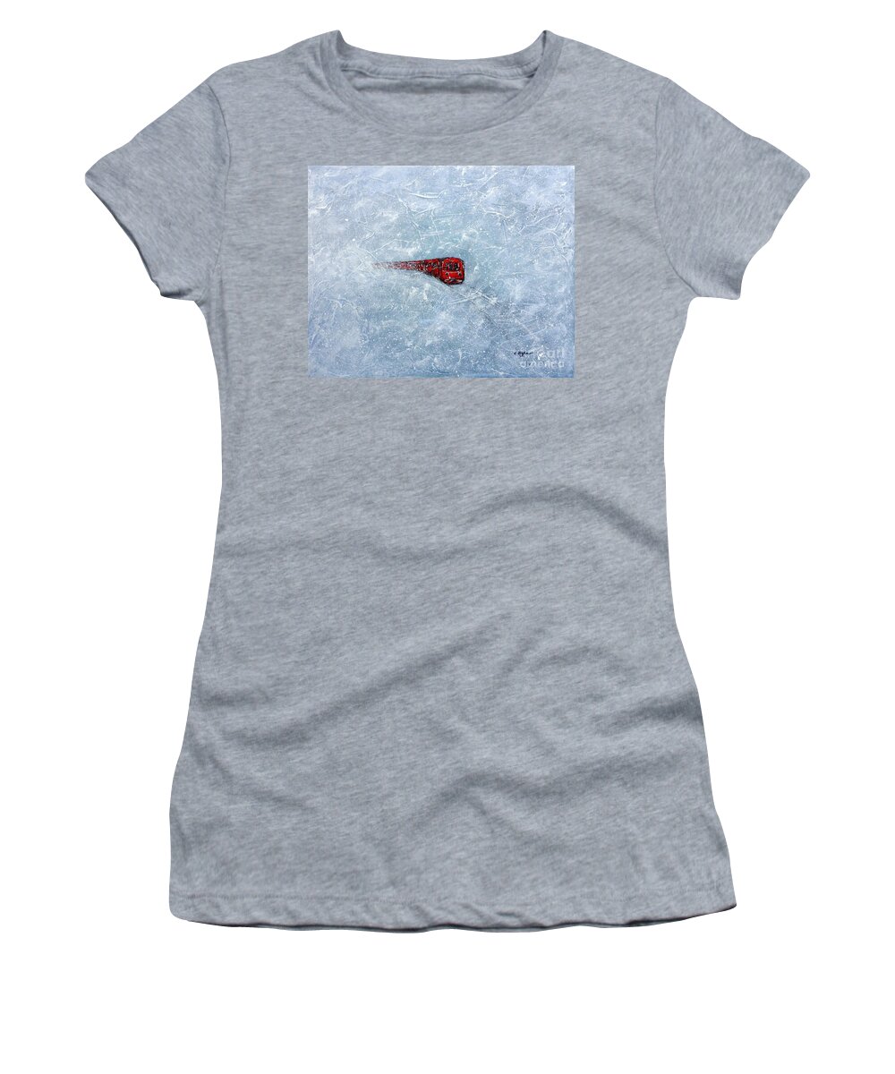 Train Women's T-Shirt featuring the painting Red Train braving the Winter by Cristina Stefan