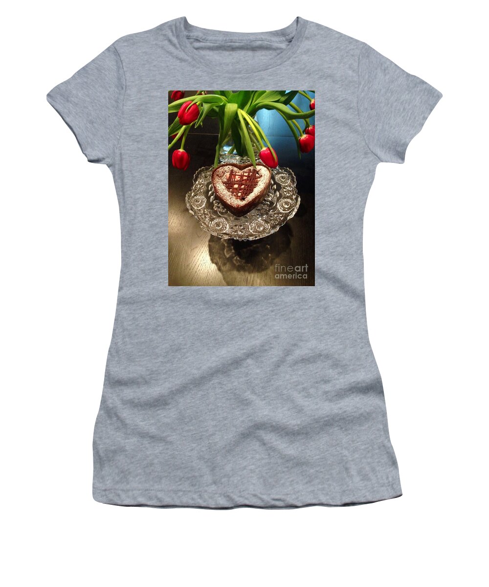  Red Tulip And Chocolate Heart Women's T-Shirt featuring the photograph Red Tulip And Chocolate Heart Dessert by Susan Garren