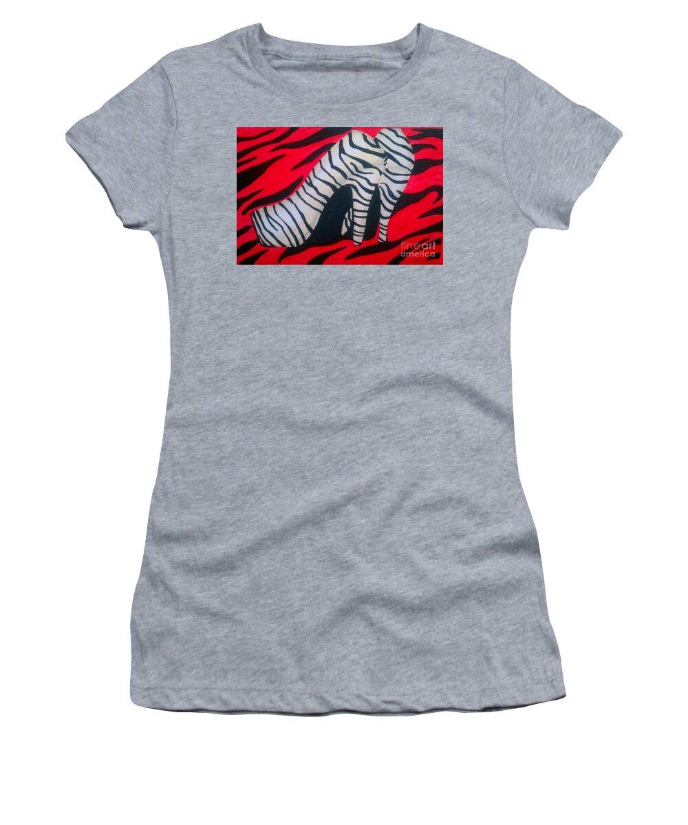 Red Women's T-Shirt featuring the painting Red Zebra Pumps by Marisela Mungia
