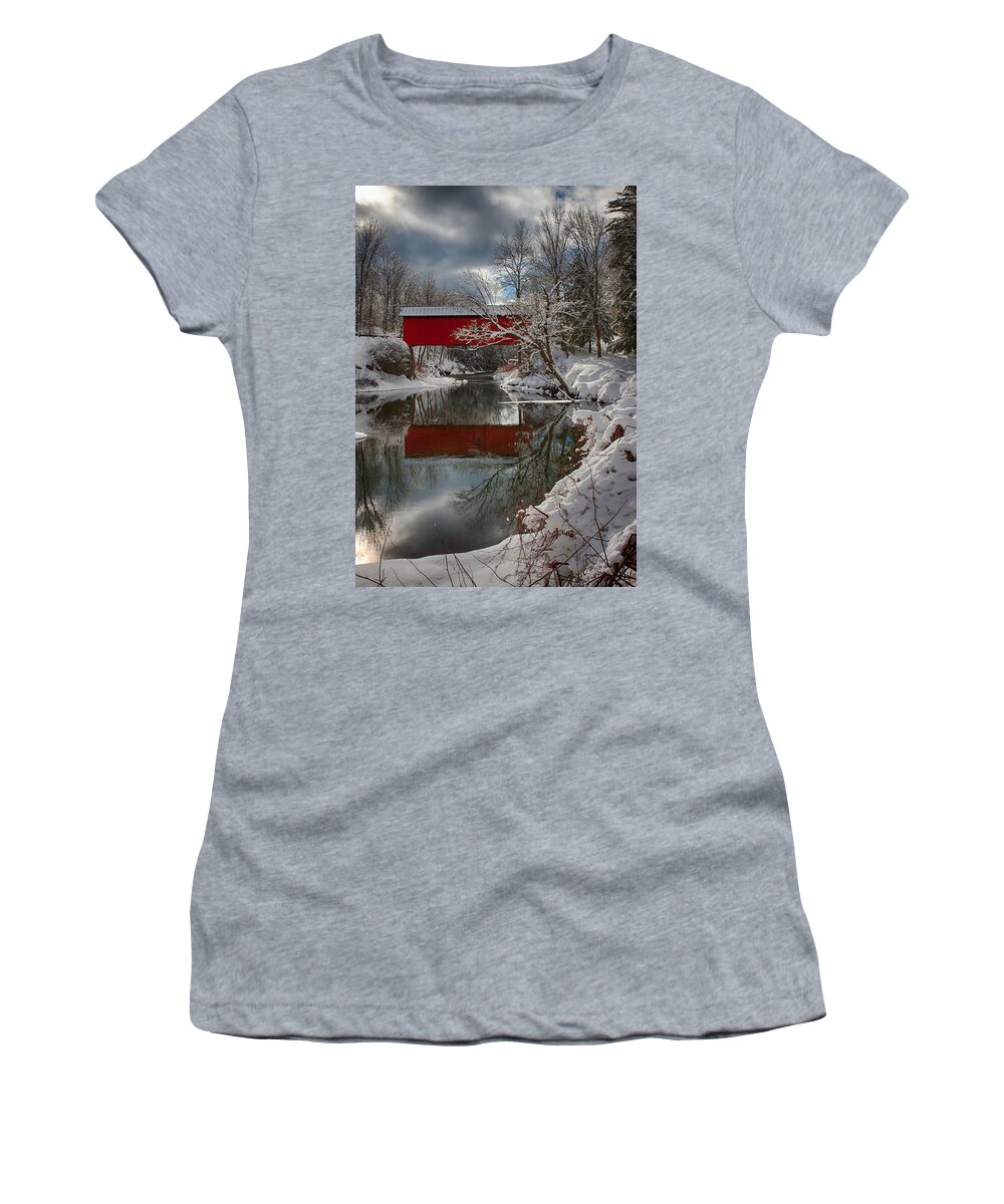 Northfield Fall Covered Bridge Women's T-Shirt featuring the photograph Reflection of Slaughterhouse covered bridge by Jeff Folger