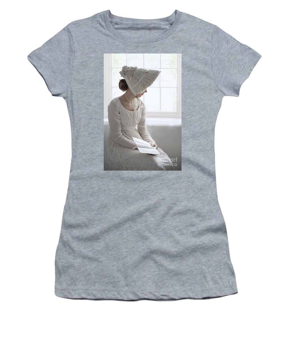 Regency Women's T-Shirt featuring the photograph Regency Woman Wearing An Empire Line Dress Reading A Letter by Lee Avison