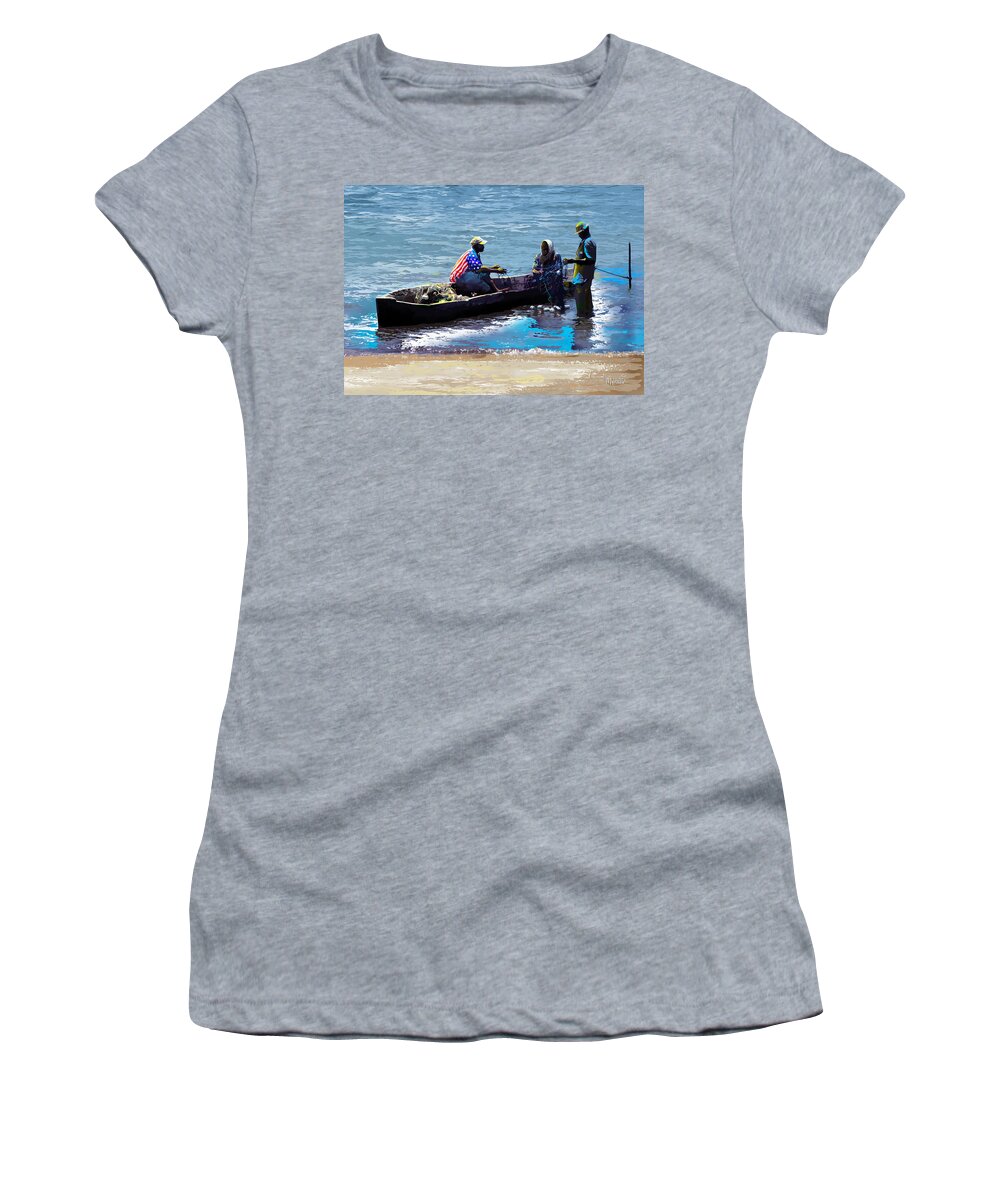 Lake Women's T-Shirt featuring the painting Repairing the Net at Lake Victoria by Anthony Mwangi