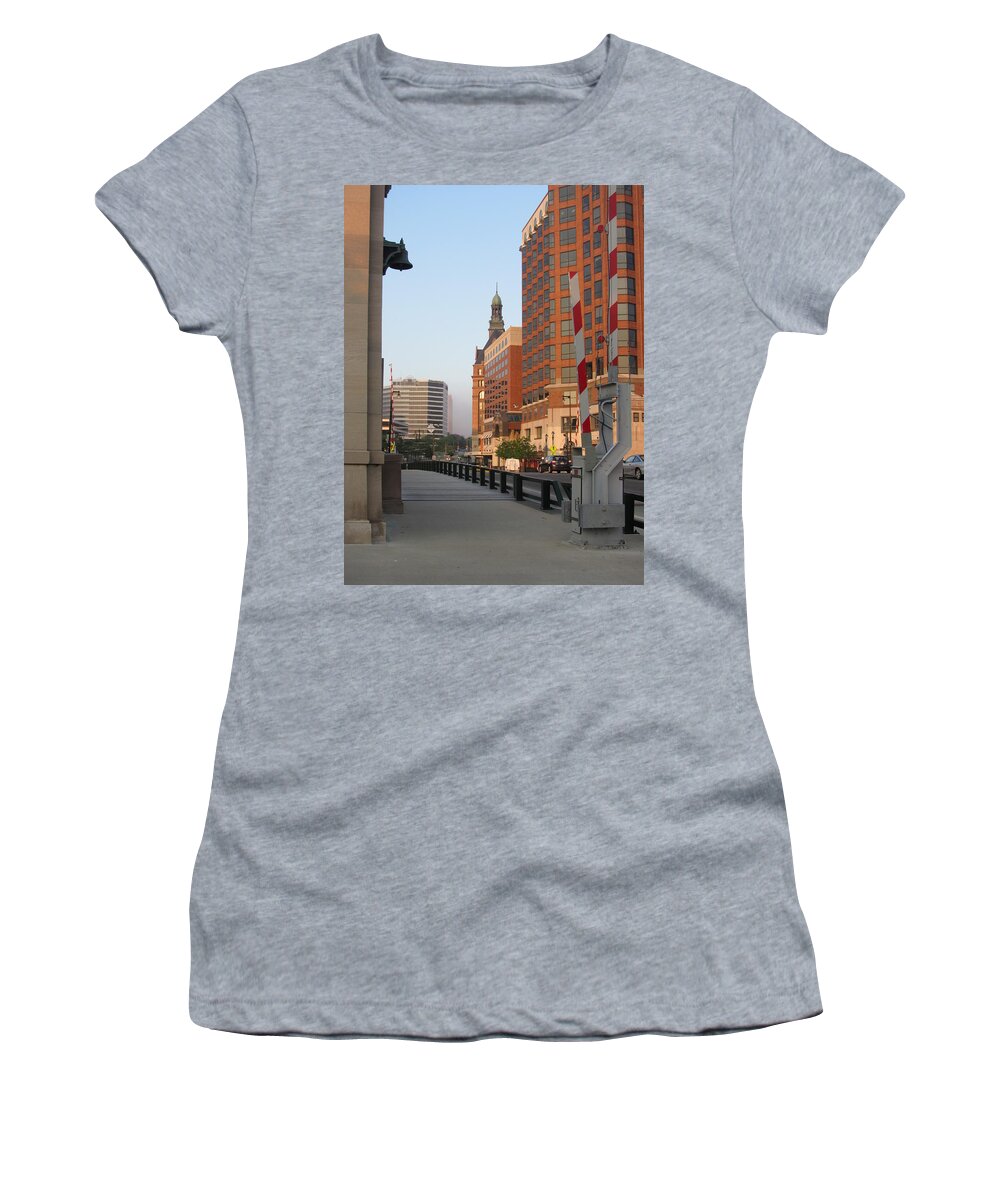Milwaukee Women's T-Shirt featuring the photograph Riverwalk Bridge Crossing by Anita Burgermeister