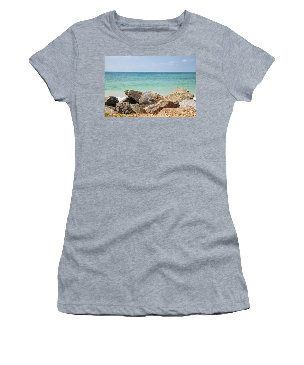 Indian Ocean Women's T-Shirt featuring the photograph rocks in front of the Indian Ocean by Gina Koch