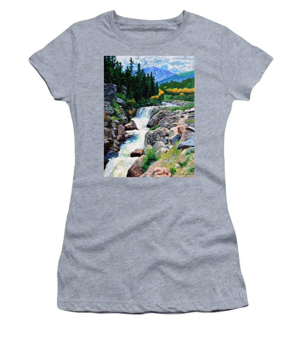 Rocky Mountains Women's T-Shirt featuring the painting Rocky Mountain High by John Lautermilch