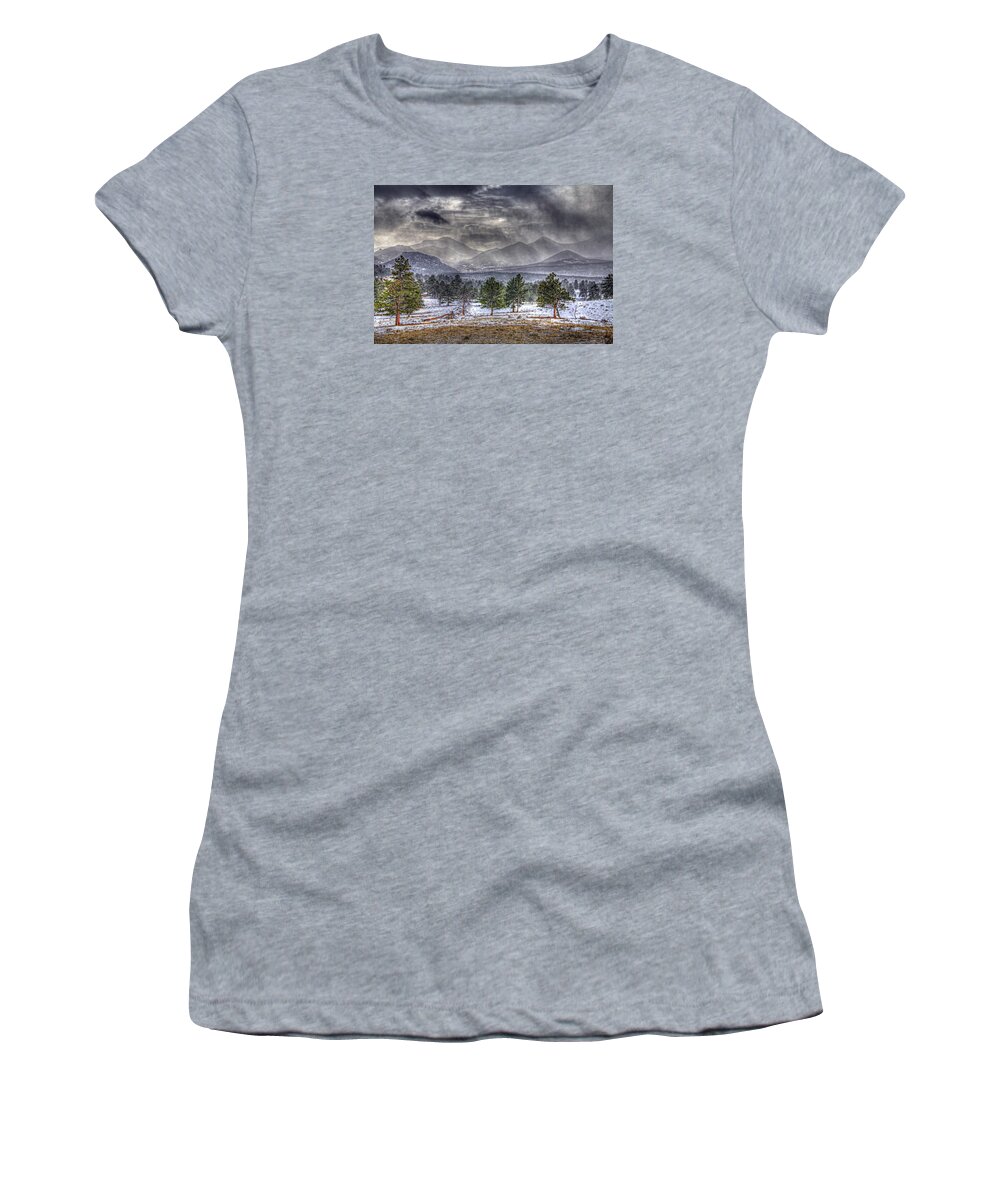 Rocky Mountain National Park Women's T-Shirt featuring the photograph Rocky Mountain Snow Storm Estes Park Colorado by Roger Passman