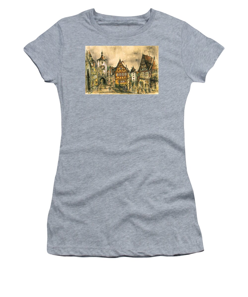 Art Women's T-Shirt featuring the painting Rothenburg Bavaria Germany - Romantic Watercolor by Peter Potter