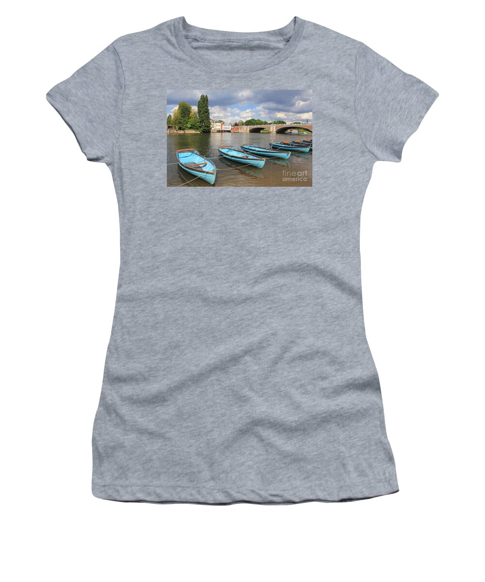 Boats At Hampton Court River Thames London Women's T-Shirt featuring the photograph Rowing Boats at Hampton Court by Julia Gavin