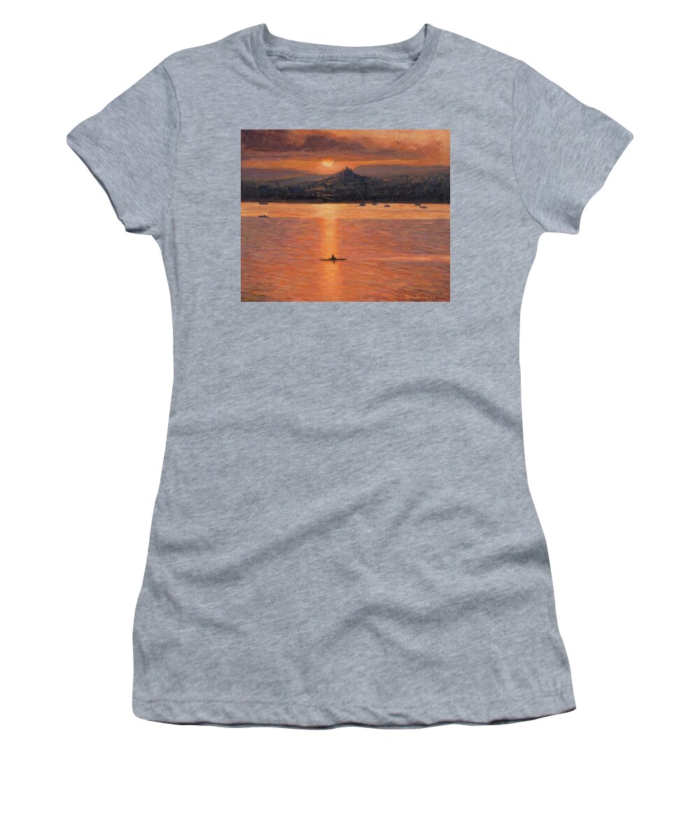 Row Kayak Sunset Women's T-Shirt featuring the painting Rowing In The Sunset by Marco Busoni