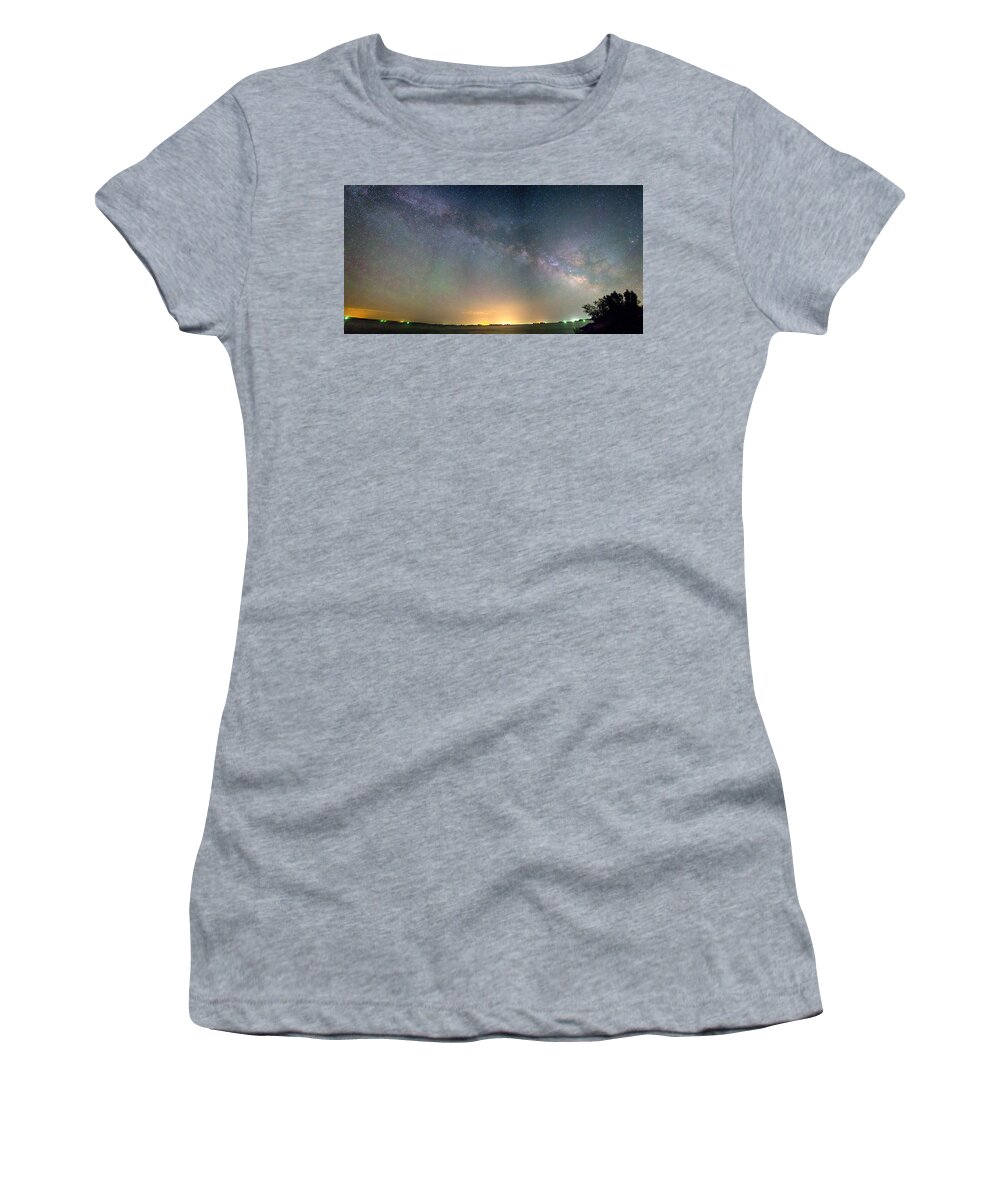 Jackson Lake State Park Women's T-Shirt featuring the photograph Rural Night Milky Way Sky Panorama by James BO Insogna