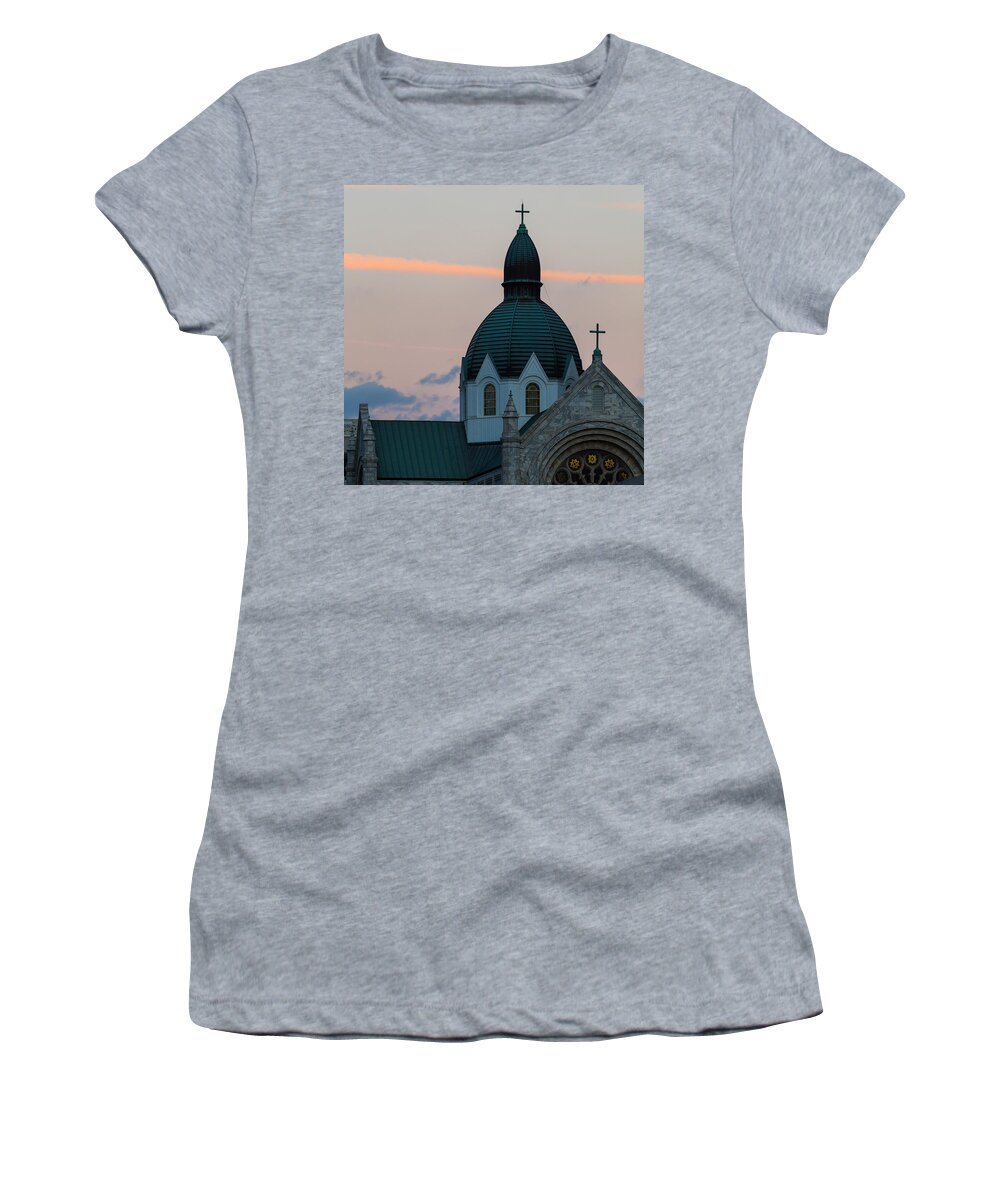 Architectural Features Women's T-Shirt featuring the photograph Sacred Heart at Sundown by Ed Gleichman