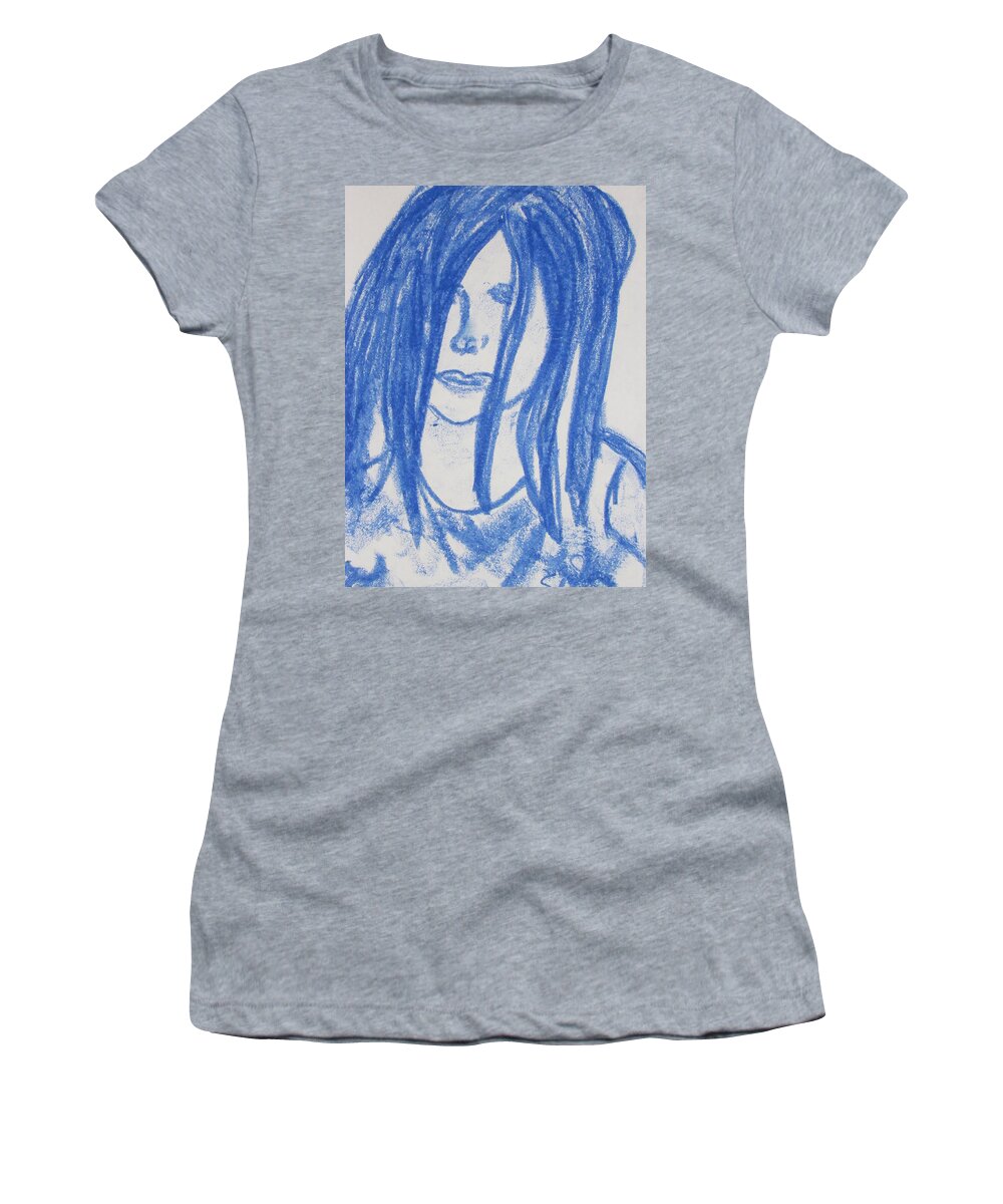 Blue Women's T-Shirt featuring the painting Sad Little Girl by Shea Holliman