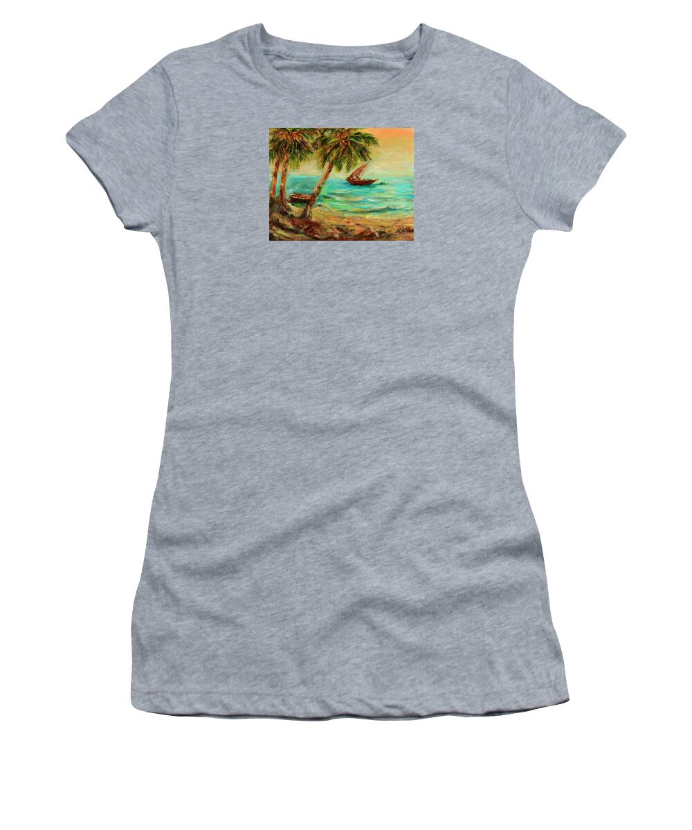 Indian Ocean Women's T-Shirt featuring the painting Sail boats on Indian Ocean by Sher Nasser