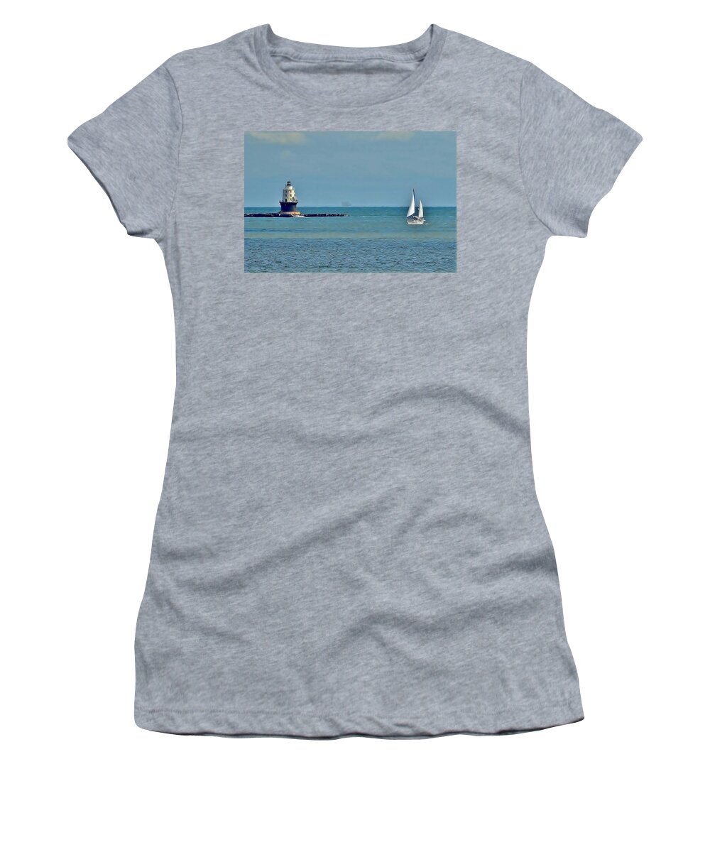 Lighthouse Women's T-Shirt featuring the photograph Sailboat at Harbor of Refuge Lighthouse by Kim Bemis