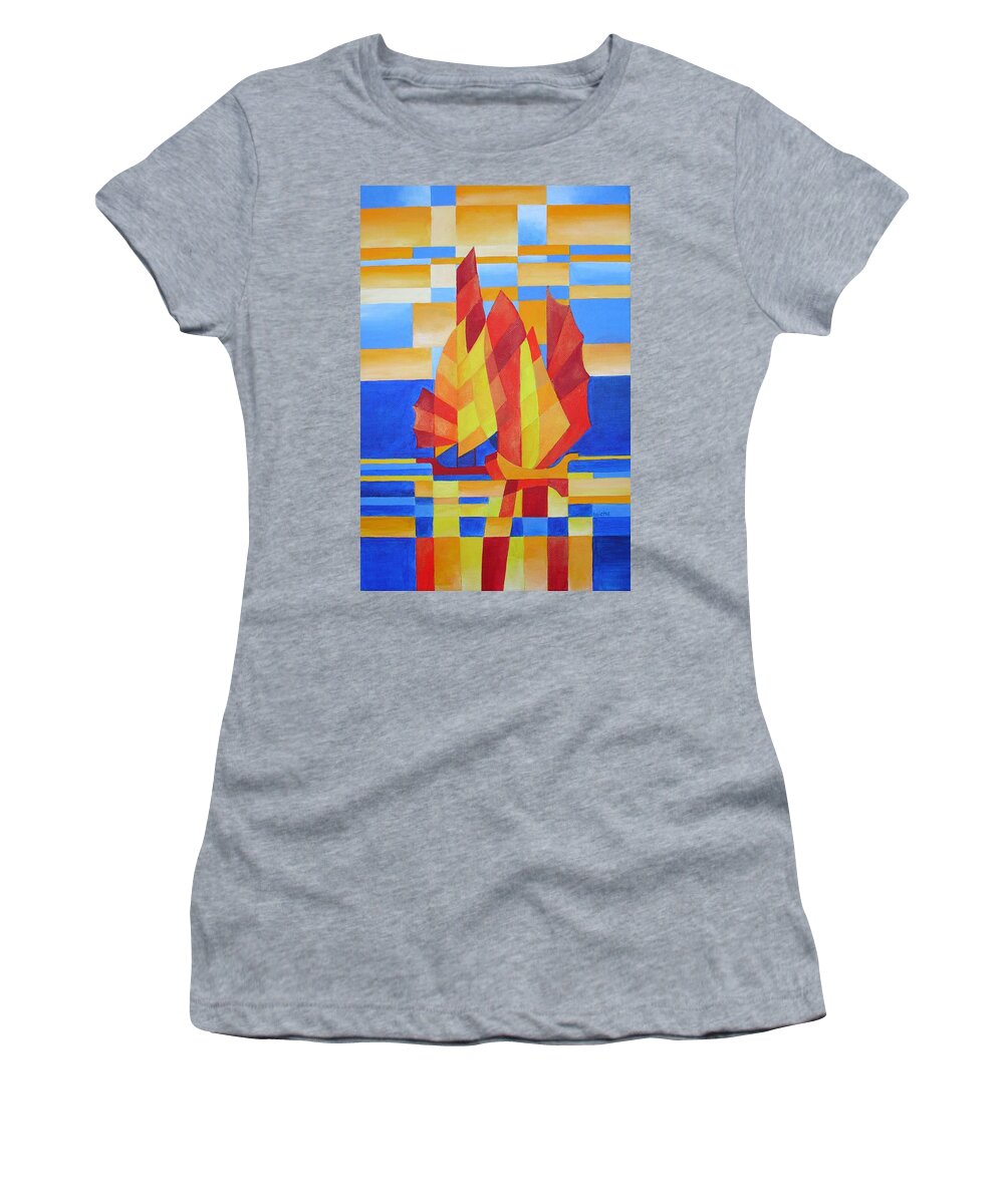 Sailboat Women's T-Shirt featuring the painting Sailing On The Seven Seas So Blue by Taiche Acrylic Art
