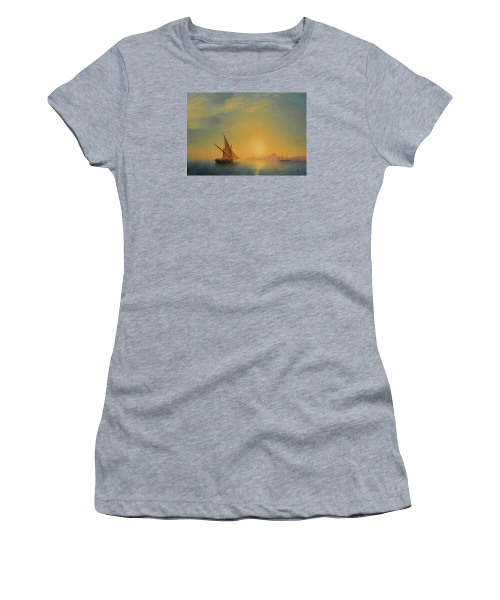 Impressionism Women's T-Shirt featuring the mixed media Sails In The Sunset by Georgiana Romanovna