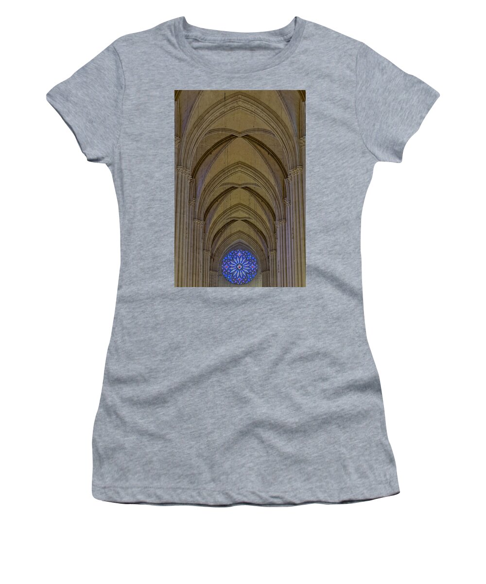 Saint John The Divine Women's T-Shirt featuring the photograph Saint John The Divine Cathedral Arches And Rose Window by Susan Candelario