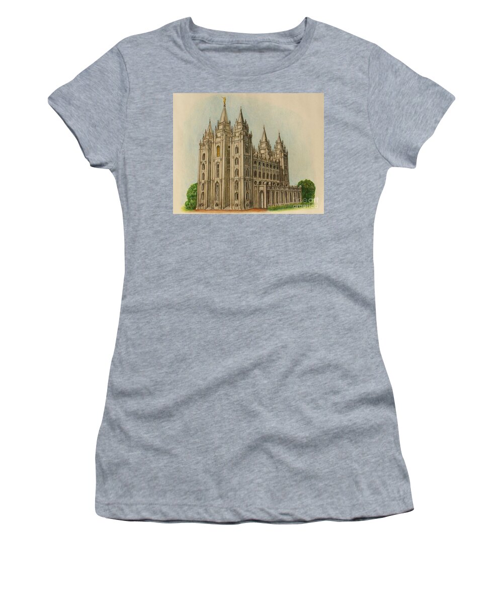 Salt Lake City Temple Women's T-Shirt featuring the drawing Salt Lake City Temple II by Christine Jepsen