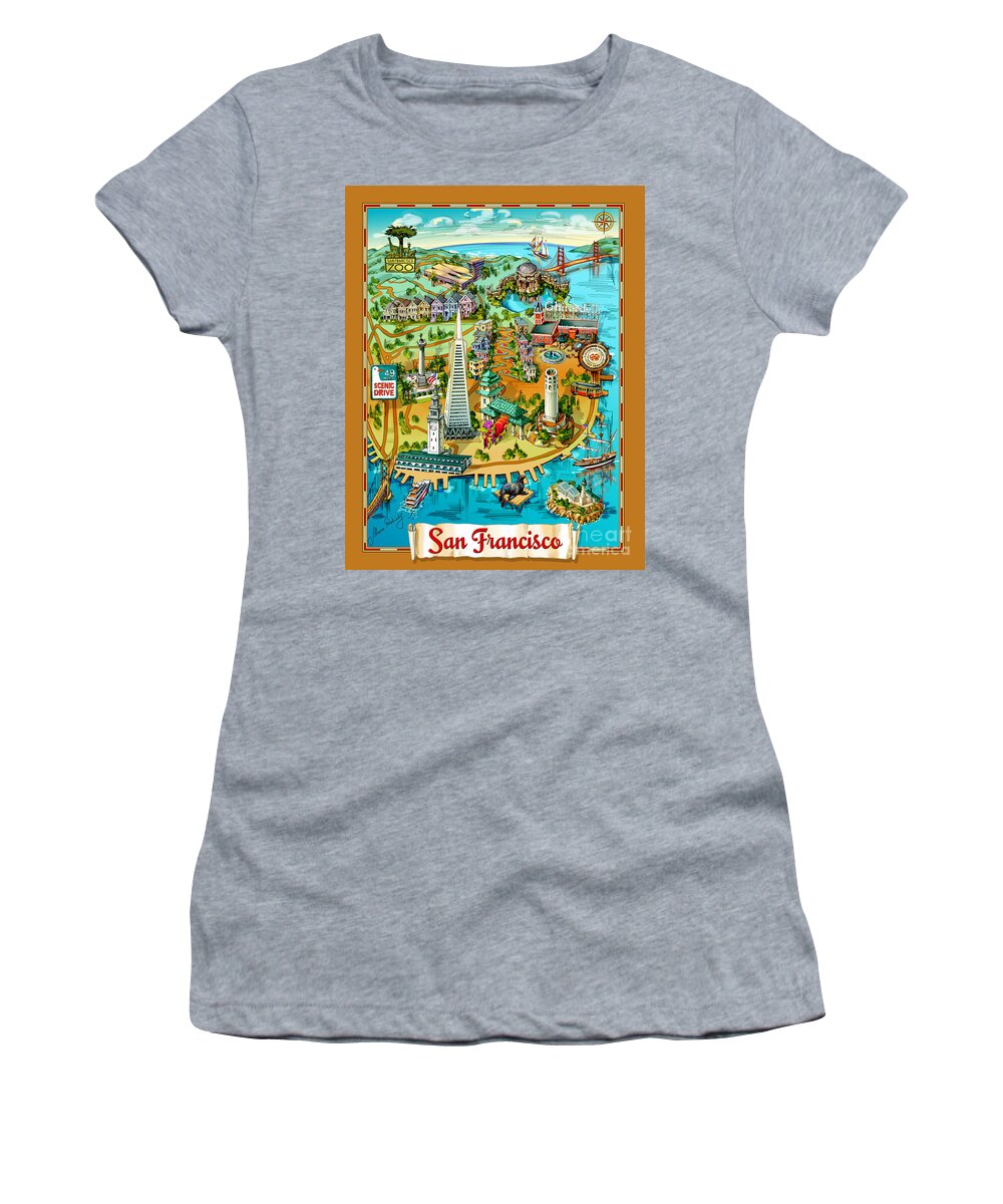 San Francisco Women's T-Shirt featuring the painting San Francisco Illustrated Map by Maria Rabinky
