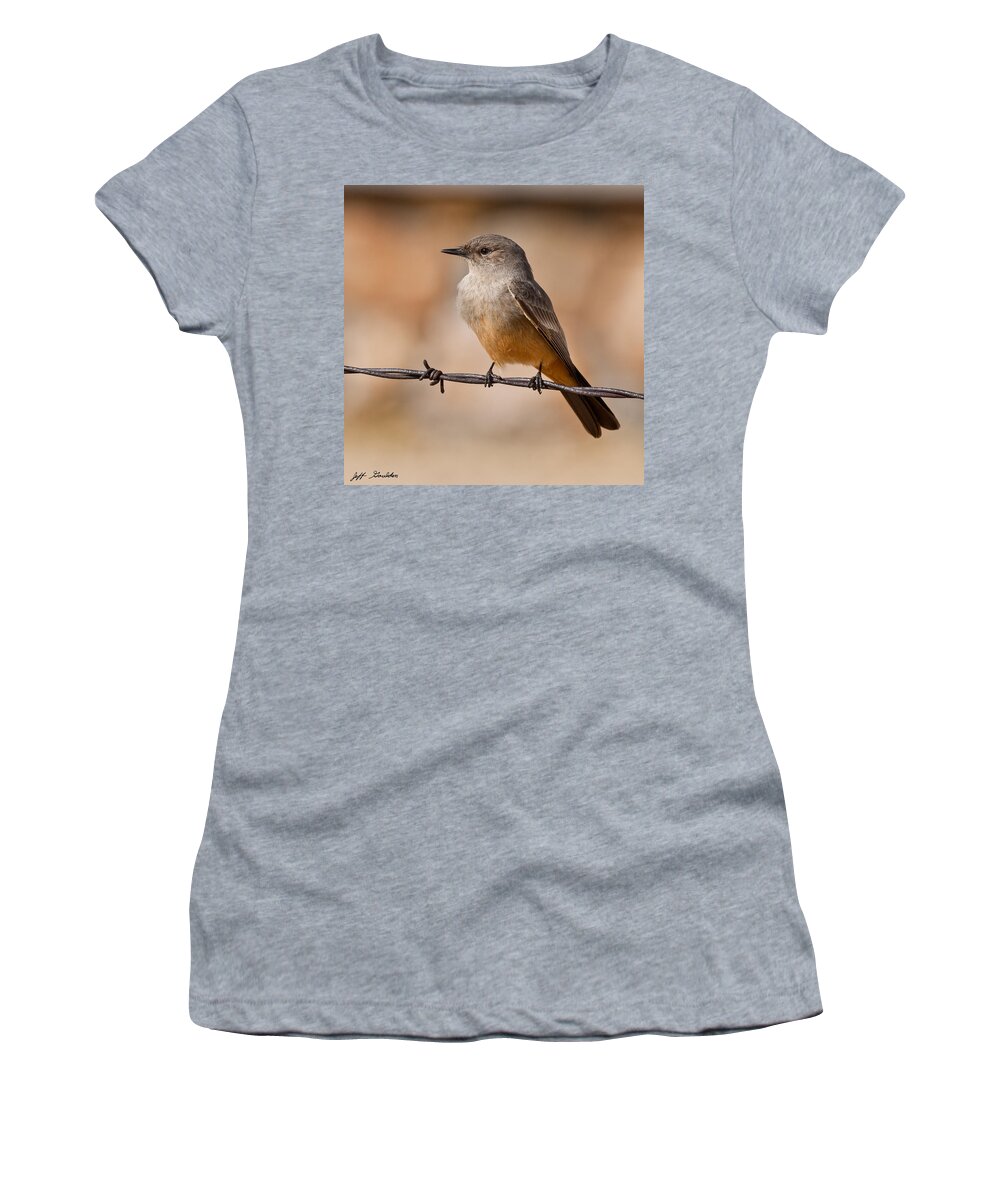 Animal Women's T-Shirt featuring the photograph Say's Phoebe on a Barbed Wire by Jeff Goulden