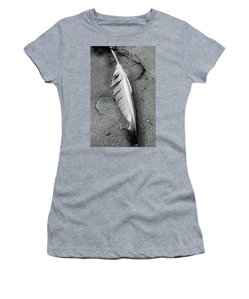 Seagull Feather Black And White Women's T-Shirt featuring the photograph Seagull feather by Priscilla Batzell Expressionist Art Studio Gallery