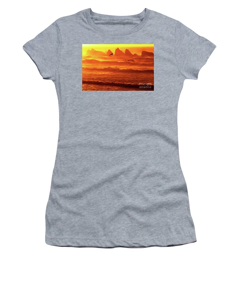 Oregon Women's T-Shirt featuring the photograph Seagull Soaring Over the Surf at Sunset Oregon coast by Dave Welling