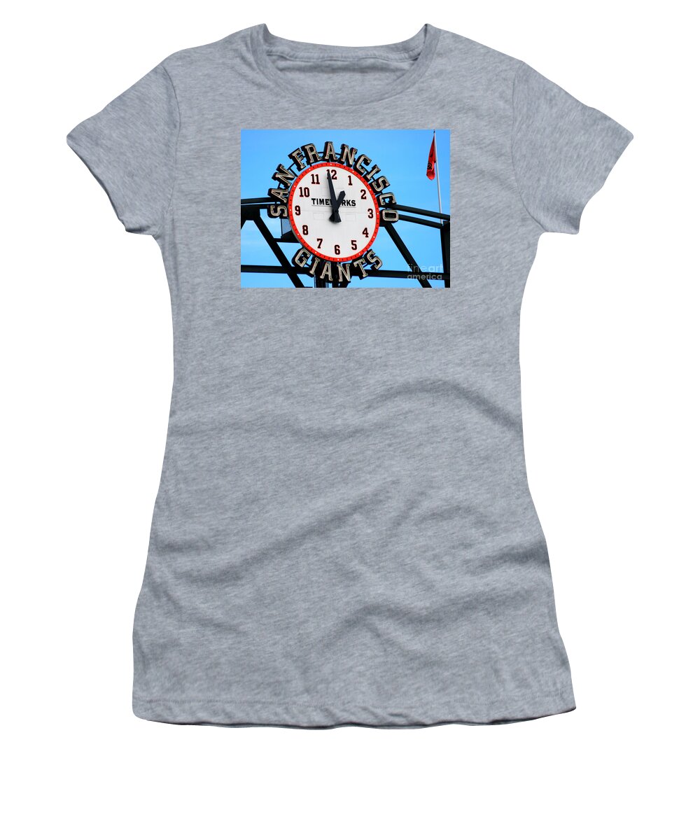 San Francisco Giants Women's T-Shirt featuring the photograph San Francisco Giants Baseball Time Sign by Tap On Photo