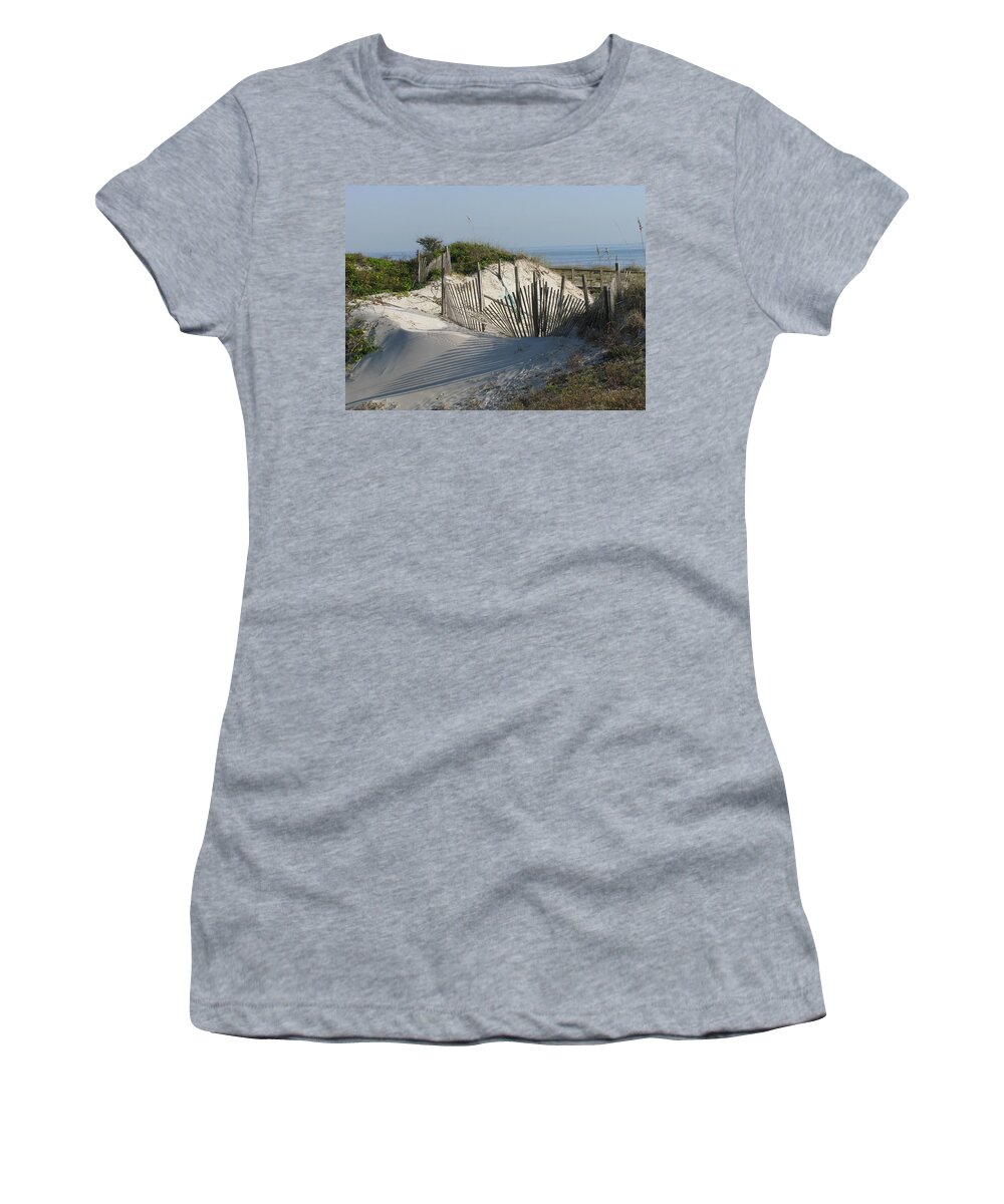 Beach Women's T-Shirt featuring the photograph Shadow Fence by Ellen Meakin