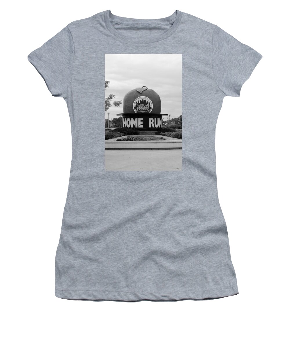 Shea Stadium Women's T-Shirt featuring the photograph SHEA STADIUM HOME RUN APPLE in BLACK AND WHITE by Rob Hans
