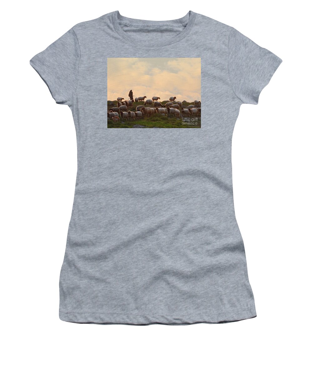 Sheep Art Women's T-Shirt featuring the painting Shepherd With Sheep standard size by Constance Woods