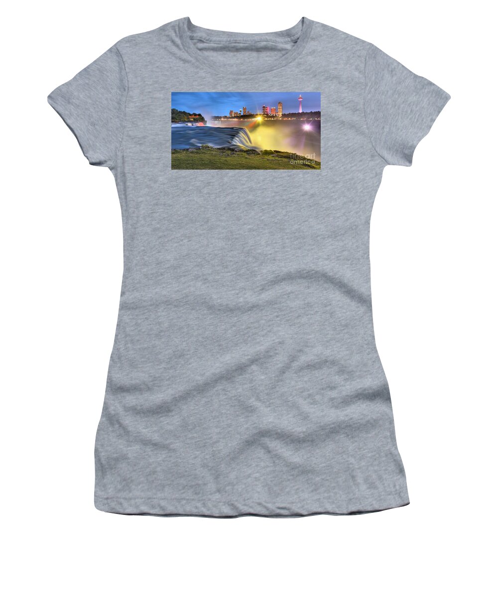 Niagara Falls Women's T-Shirt featuring the photograph Silky Niagara Falls Panoramic Sunset by Adam Jewell