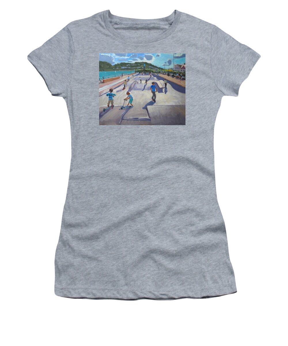 Andrew Macara Women's T-Shirt featuring the painting Skateboaders Teignmouth by Andrew Macara