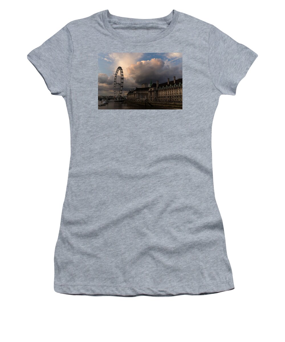 Georgia Mizuleva Women's T-Shirt featuring the photograph Sky Drama Around the London Eye by Georgia Mizuleva