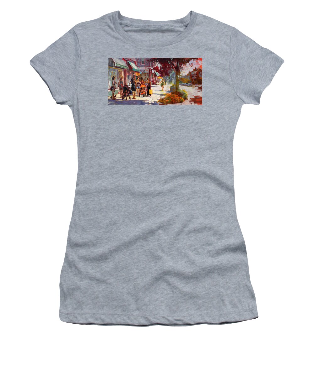 Landscape Women's T-Shirt featuring the painting Small Talk in Elmwood Ave by Ylli Haruni