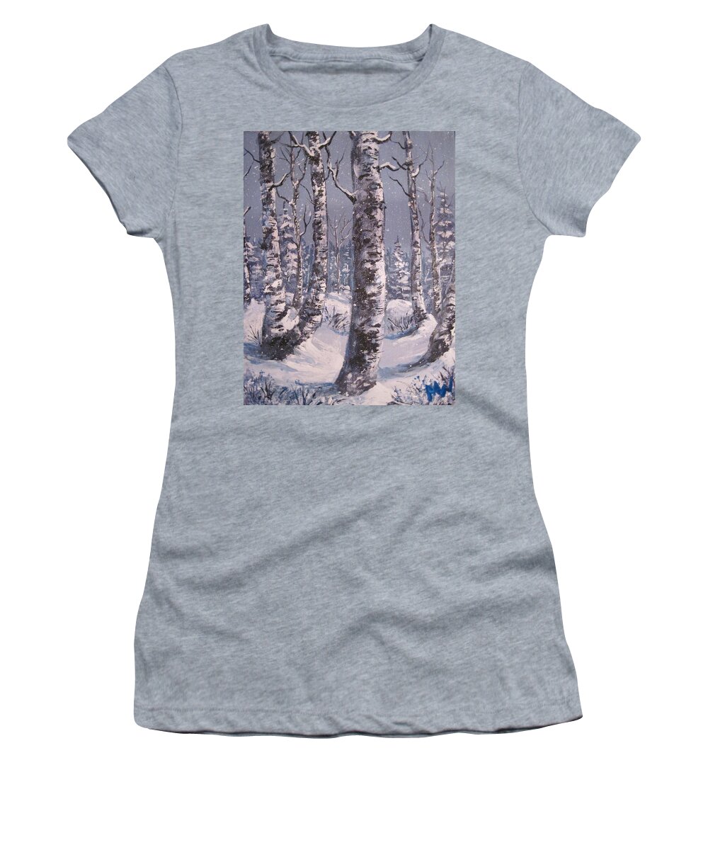 Snow Women's T-Shirt featuring the painting Snow among birches by Megan Walsh