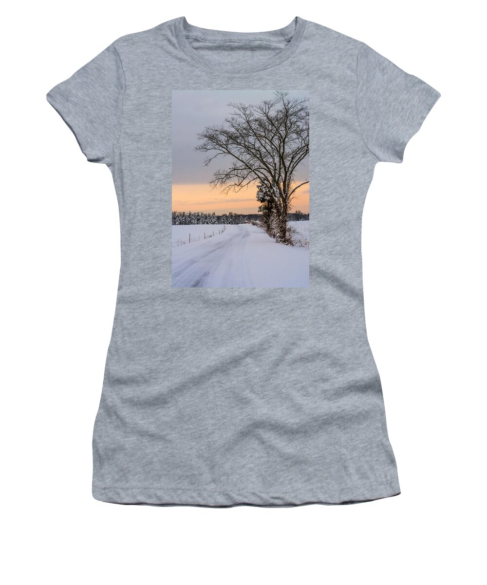 Snow Women's T-Shirt featuring the photograph Snowy Country Road by Holden The Moment