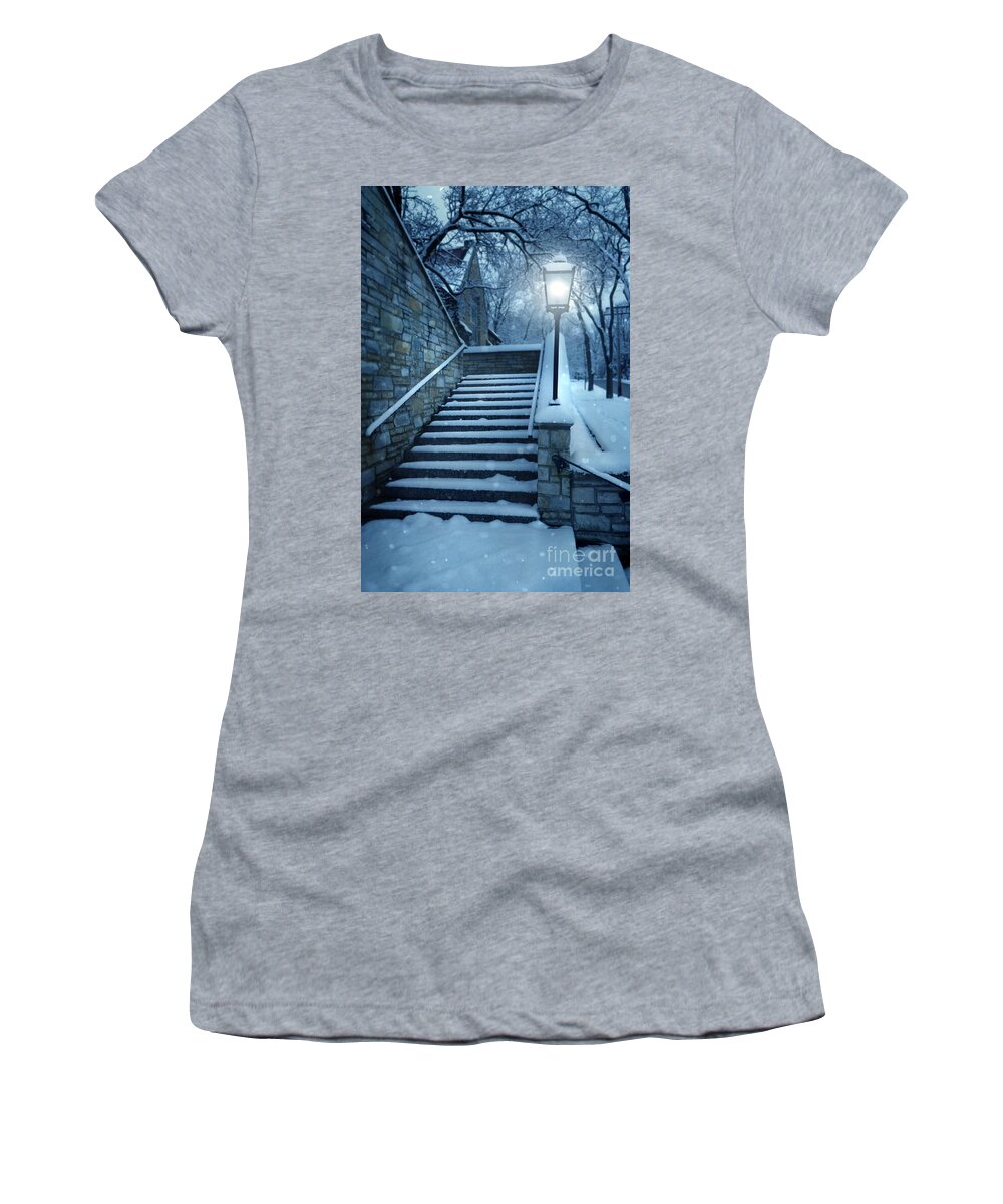 Exterior Stairway Lit By Old Light Post Women's T-Shirt featuring the photograph Snowy Stairway by Jill Battaglia