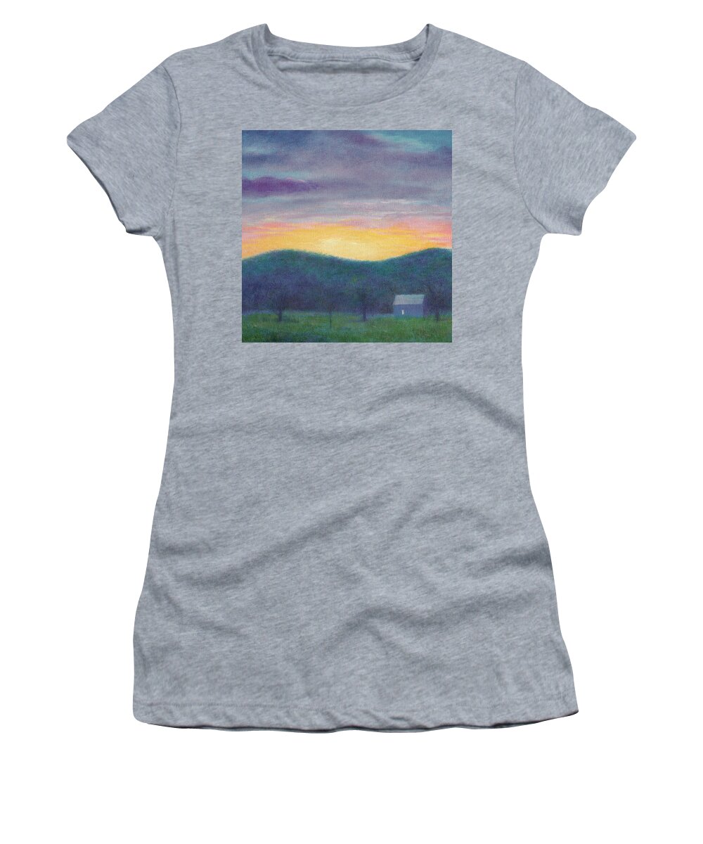 Impressionism Women's T-Shirt featuring the painting Blue Yellow nocturne solitary landscape by Judith Cheng