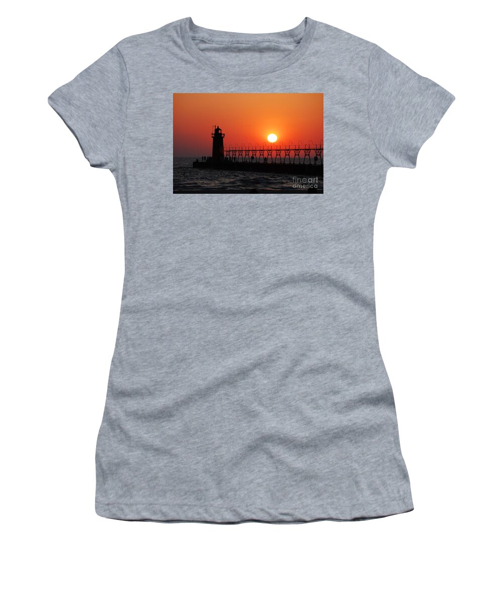 Sunset Women's T-Shirt featuring the photograph South Haven Lighthouse at Sunset 1 by Nancy Mueller