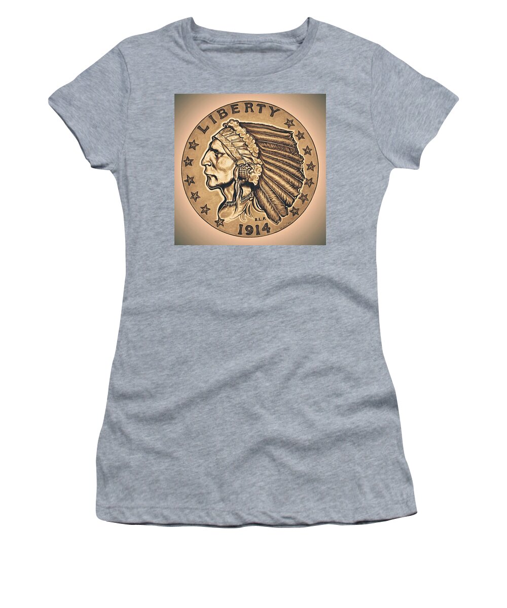 Indian Head Women's T-Shirt featuring the drawing Southwestern Gold Quarter Eagle by Fred Larucci