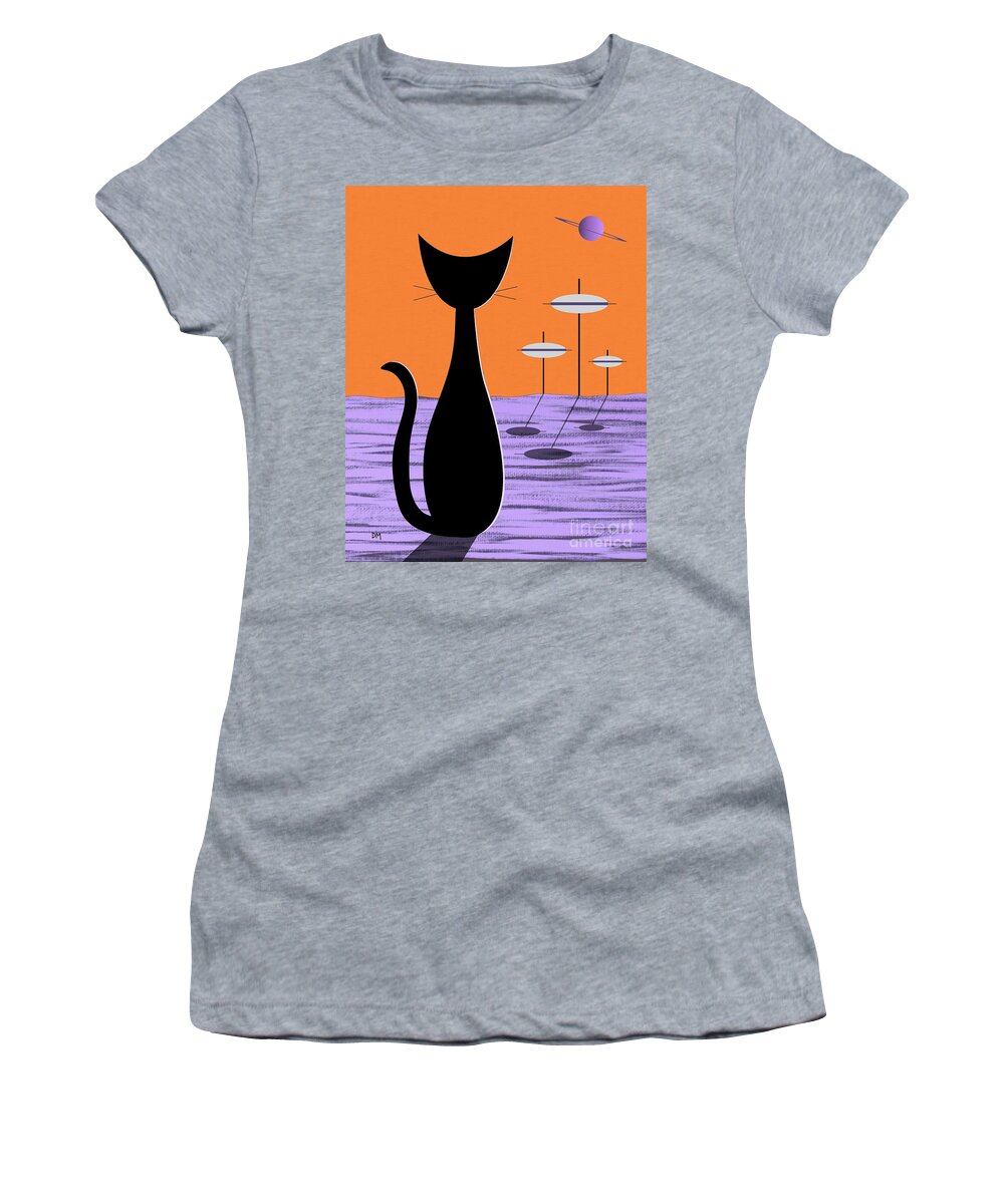 Mid Century Modern Women's T-Shirt featuring the digital art Space Cat Orange Sky by Donna Mibus