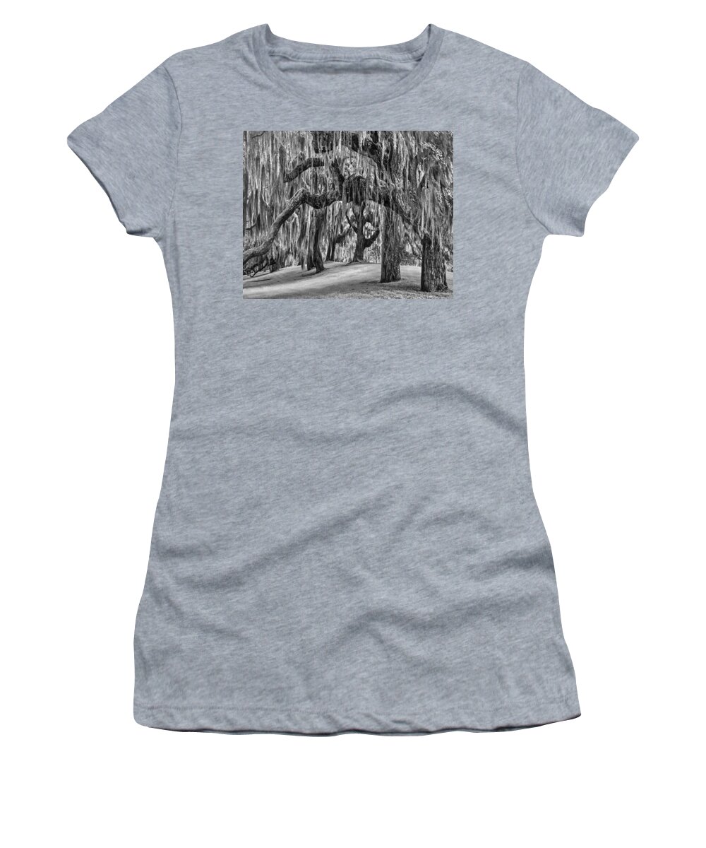 Clouds Women's T-Shirt featuring the photograph Spanish Moss in Black and White by Debra and Dave Vanderlaan