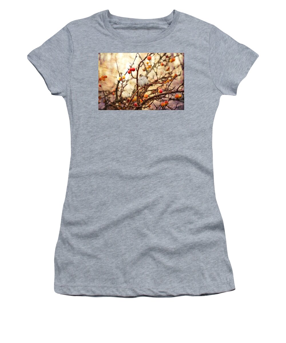 Sparrows Women's T-Shirt featuring the photograph Sparrow in a Crab Apple Tree by Peggy Collins