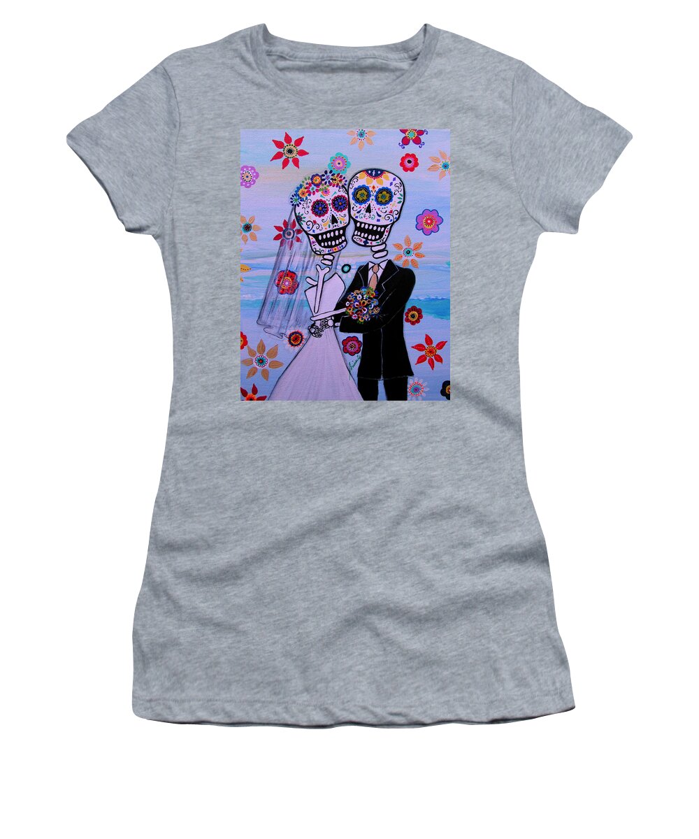 Day Of The Dead Women's T-Shirt featuring the painting Special Day Dia De Los Muertos Wedding by Pristine Cartera Turkus
