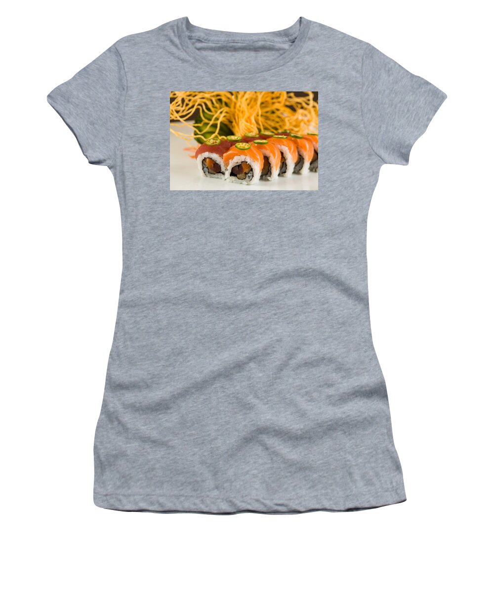 Asian Women's T-Shirt featuring the photograph Spicy Tuna and Salmon Roll by Raul Rodriguez