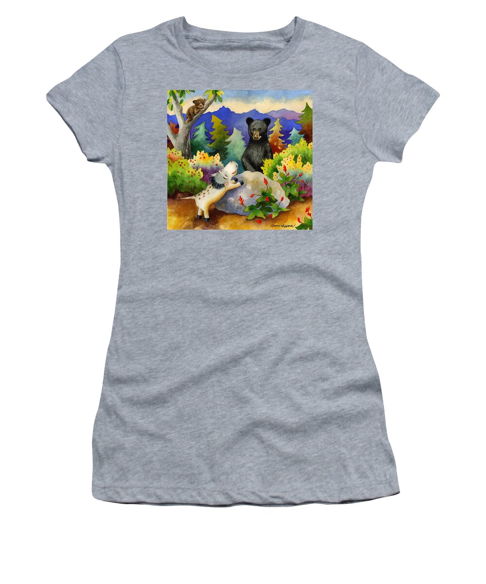 Bear Painting Women's T-Shirt featuring the painting Spike the Dhog Encounters a Mother Bear in the Forest by Anne Gifford