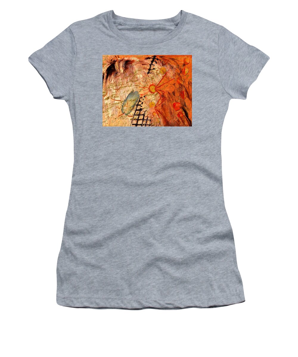 native American american Indian Dreamweaver Spirit Mystical Journey Nature Spirit Earth Belief Path Brown Orange Blue Grey Horizontal Women's T-Shirt featuring the digital art Spirit Walk by Paula Ayers