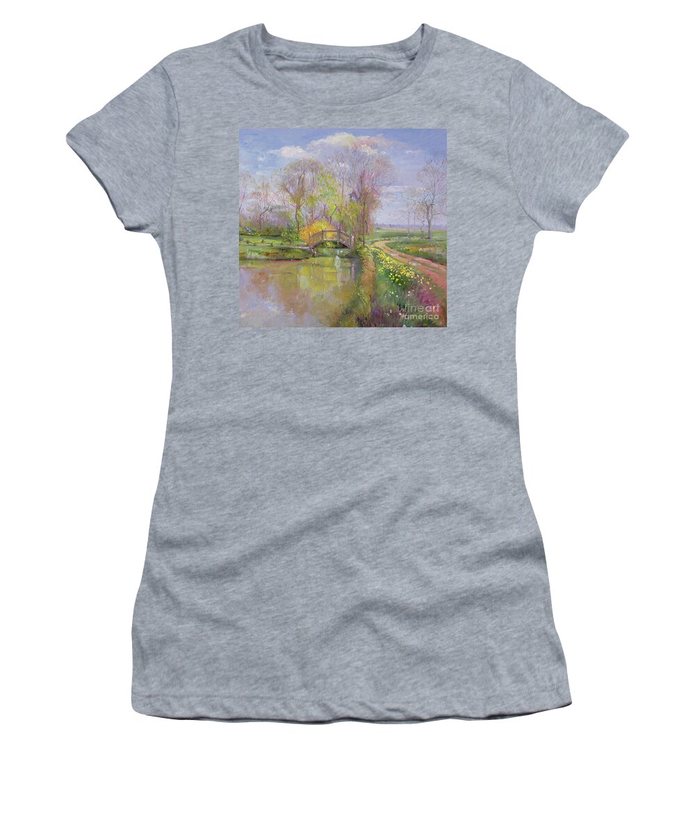Path; Landscape; River; Countryside; Rural Women's T-Shirt featuring the painting Spring Bridge by Timothy Easton