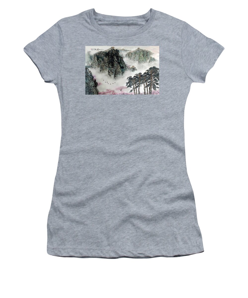 Mountains And Clouds Women's T-Shirt featuring the photograph Spring Mountains and the Great Wall by Yufeng Wang