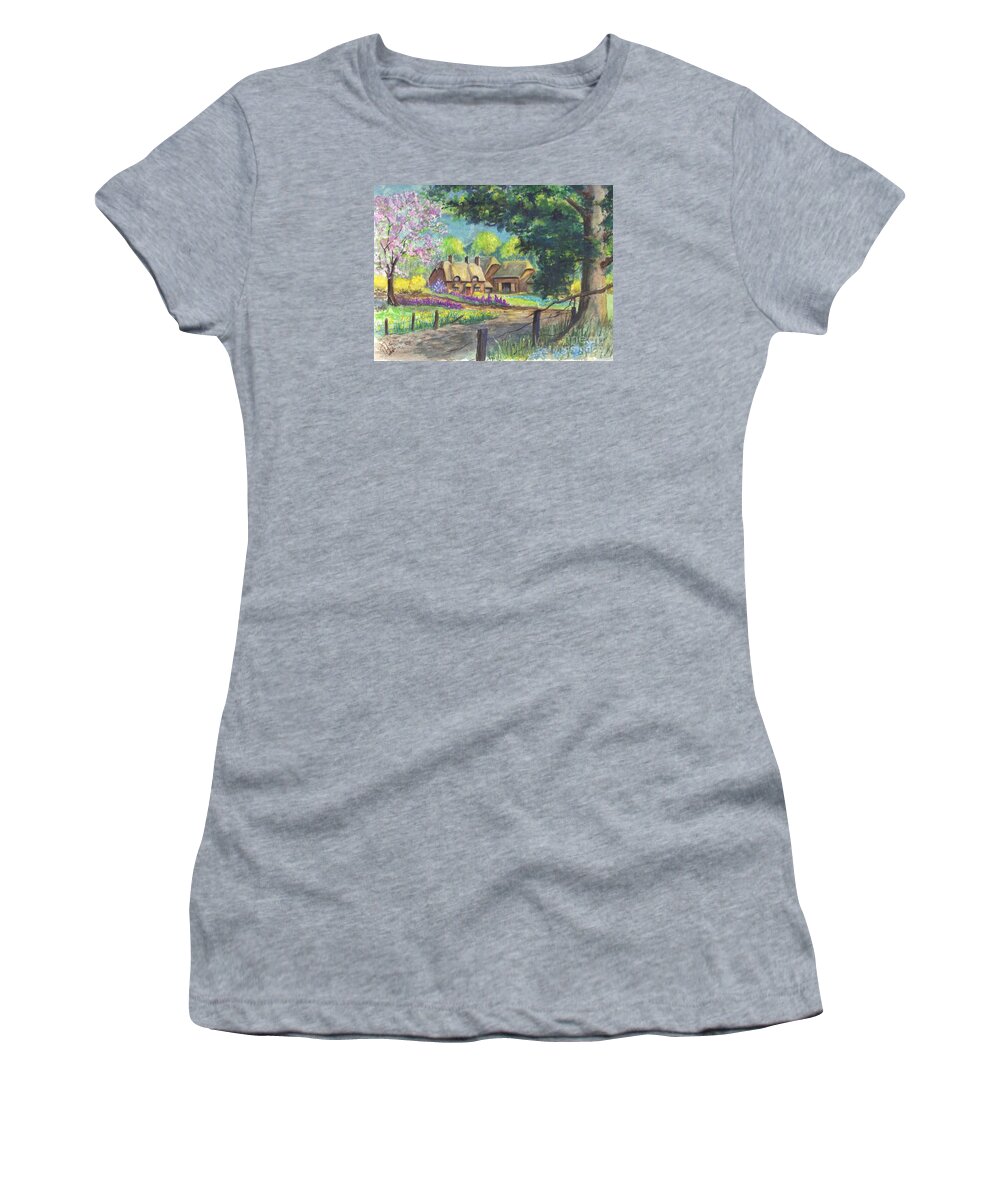 Hand Painted Women's T-Shirt featuring the painting Springtime Cottage by Carol Wisniewski